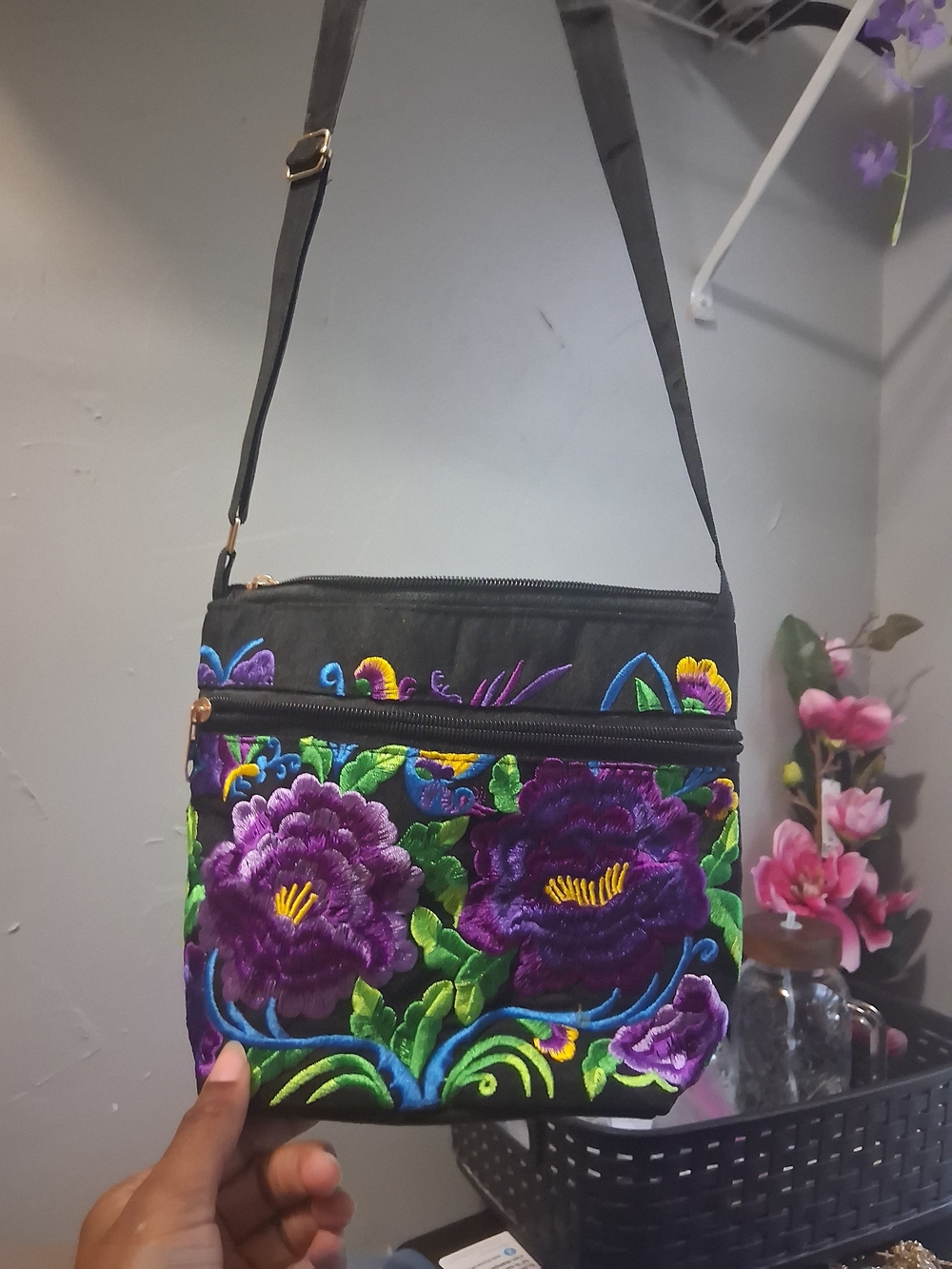 Embroidered Purple Floral Crossbody Bag - Women